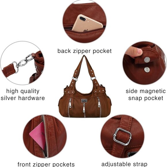 Women’s Large Vegan Leather Hobo Bag with Multiple Pockets and Shoulder Strap - Picture 5 of 6